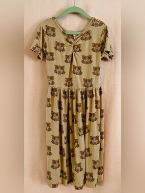 Kate Quinn Organic Golden Tan Dress with Brown Owl Print